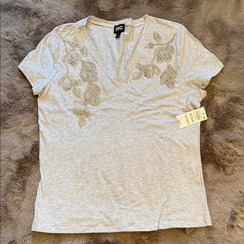 INC International Concepts Women's Light Gray Embellished Tee